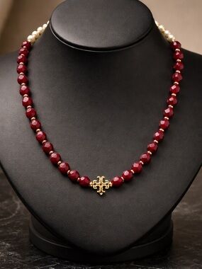 Tory Burch Burgundy Beaded Necklace with Gold Logo Accent